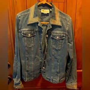 Beautiful dressy denim jacket. Bling at collar & cuffs. Size medium.